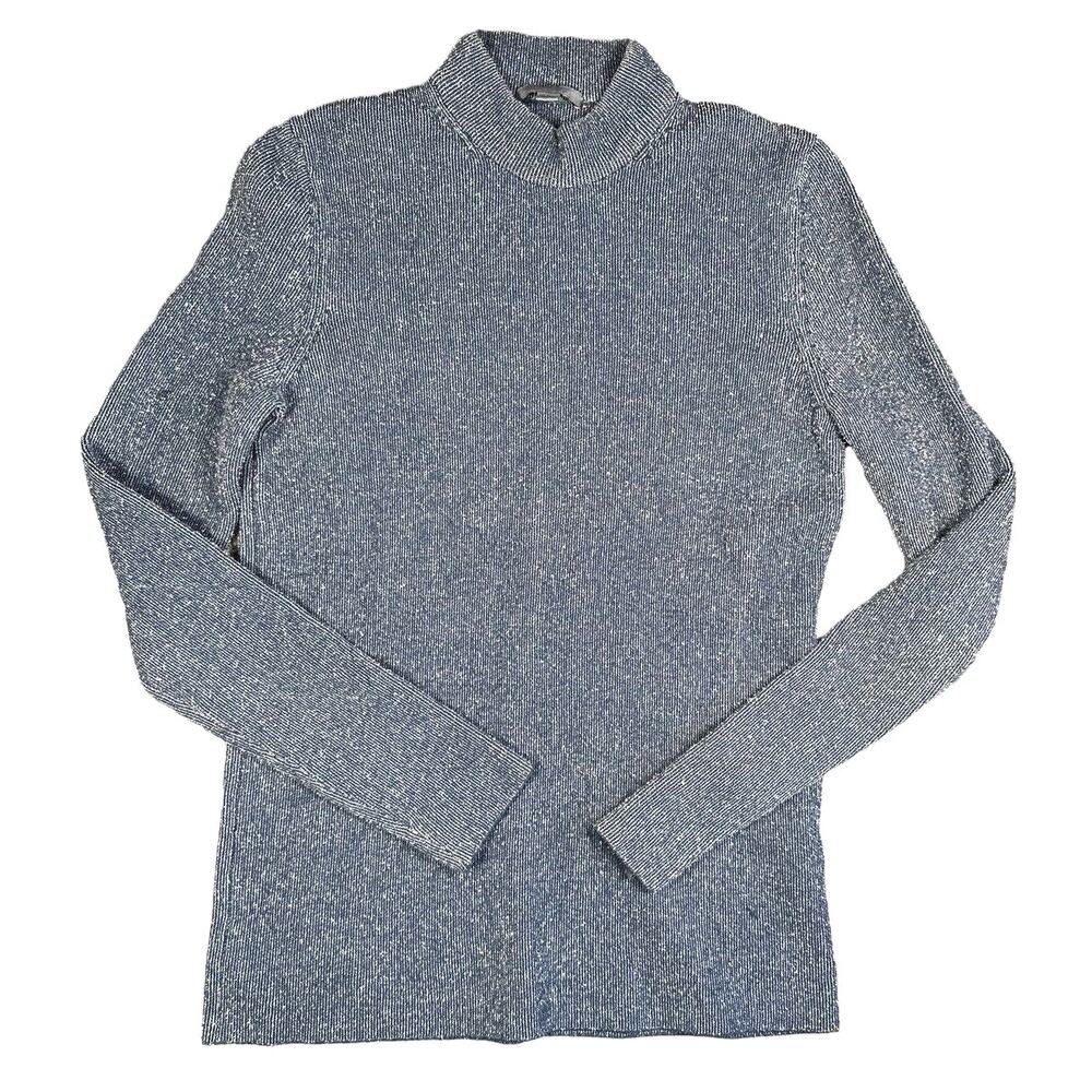 COS Mock Neck Sweater Womens XS Blue Metallic Long Sleeve Fitted Ribbed Knit